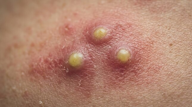 Close up of inflamed skin with yellow pustules