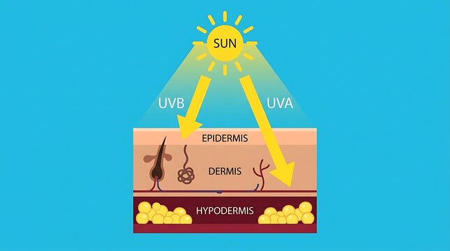 Diagram of human skin anatomy and ultraviolet radiation