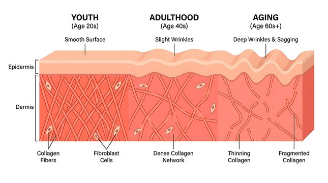 Diagram of skin layers and aging process