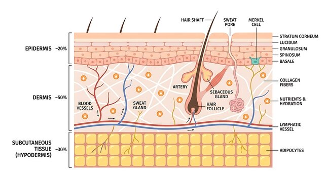 Anatomical diagram of human skin layers and structure