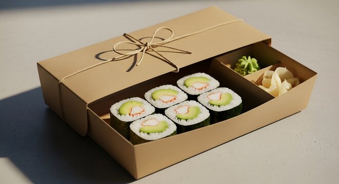 Delicious Sushi Rolls with Avocado and Sauce in a Cardboard Takeout Box.