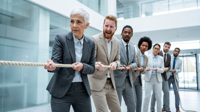 Diverse business team pulling rope in tug of war game.
