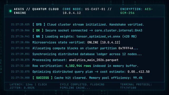 Json code data stream terminal screen with scrolling server logs