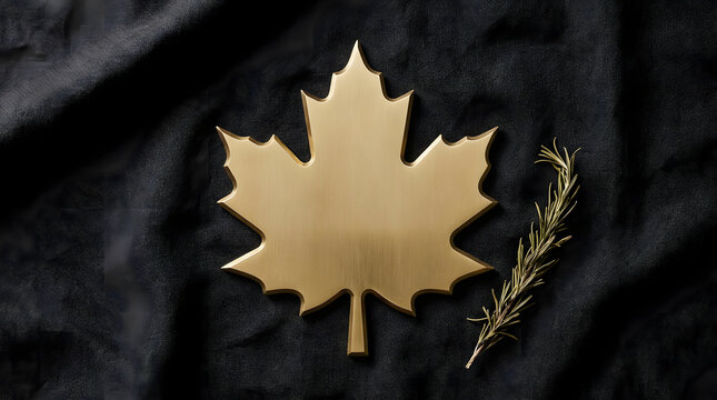 A gold-colored maple leaf shaped metal tray next to a sprig of dried rosemary on a dark black wrinkled fabric background, Thanksgiving concept