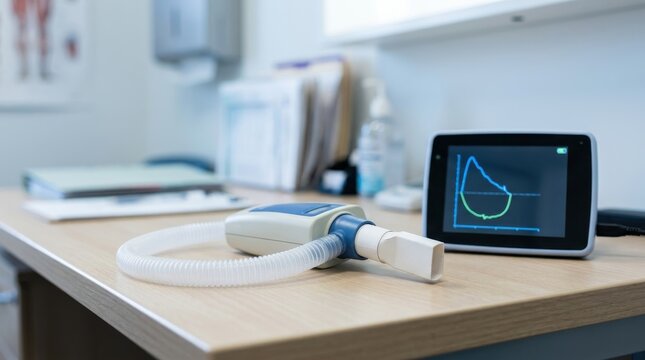 Spirometer and digital monitor on a desk in a medical office, used for pulmonary function testing and respiratory health diagnosis