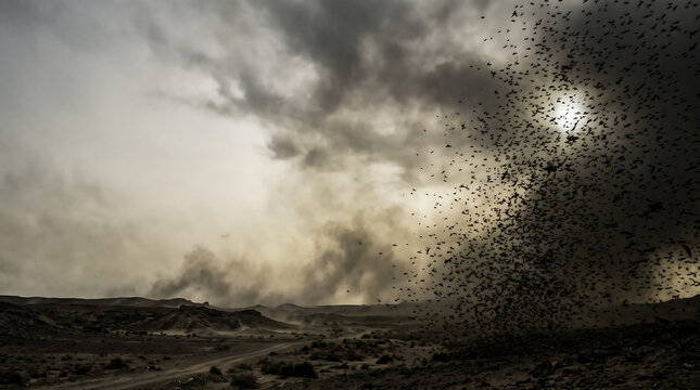 Massive Locust Swarm Filling the Sky Over an Arid Desert Landscape During a Storm