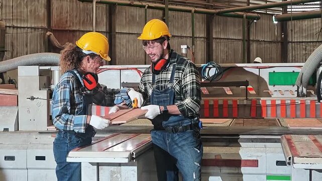 Two workers discuss project details in a large workshop during the daytime in a woodworking facility
In a woodworking facility, two workers talk about their project while examining materials. They are
