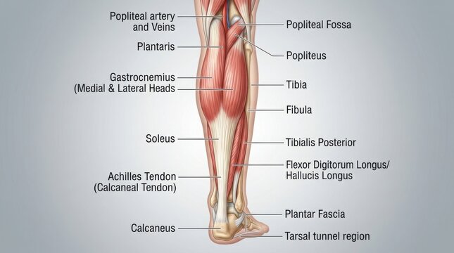 Anatomy chart of human leg muscles and bones posterior view illustration