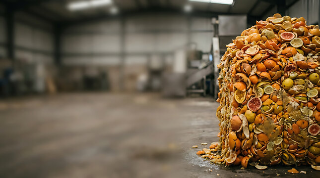 Industrial Food Waste Collection Featuring a Massive Pile of Discarded Citrus Peels Inside a Large Warehouse Processing Facility