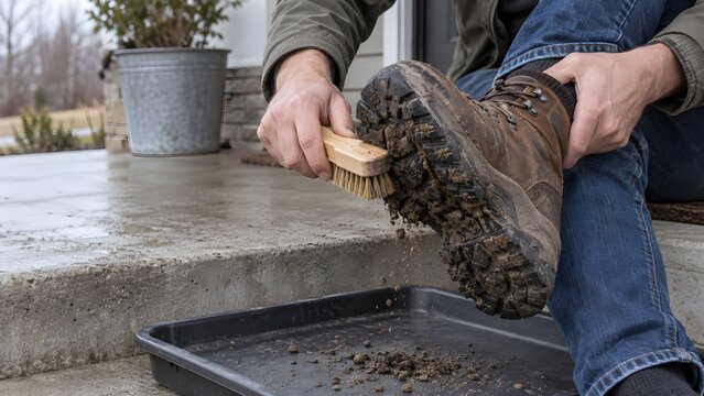 Hands brushing mud from the sole of a hiking boot