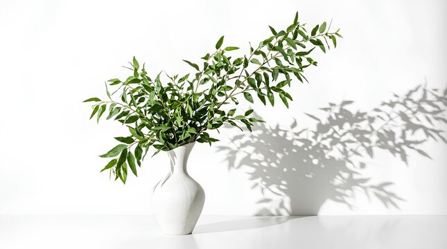 Tree in White Vase with Lush Green Leaves and Flowers, Elegant Houseplant Decoration, Botanical Foliage and Natural Spring Beauty Isolated on White Background