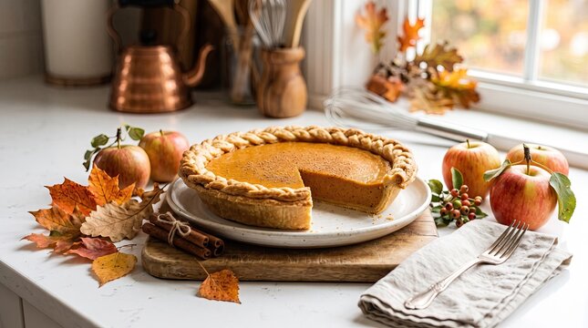 Pumpkin pie with apples and autumn leaves on a kitchen counter