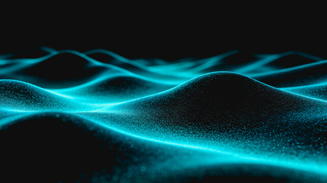 A futuristic abstract digital artwork of glowing turquoise particle waves against a dark background, representing data flow and modern technology.