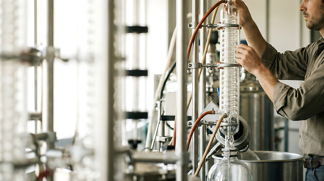 Worker carefully monitoring alcohol distillation process using modern industrial equipment