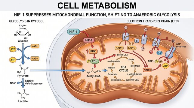 Cell Metabolism Infographic Showing HIF-1 Shifting to Glycolysis