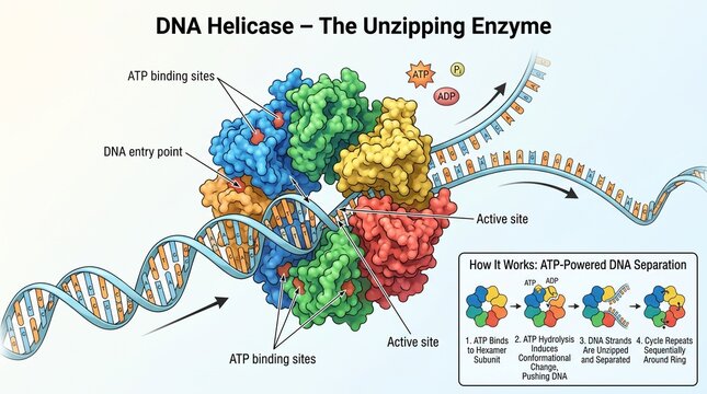 DNA Helicase Diagram Explaining ATP Powered Unzipping Process