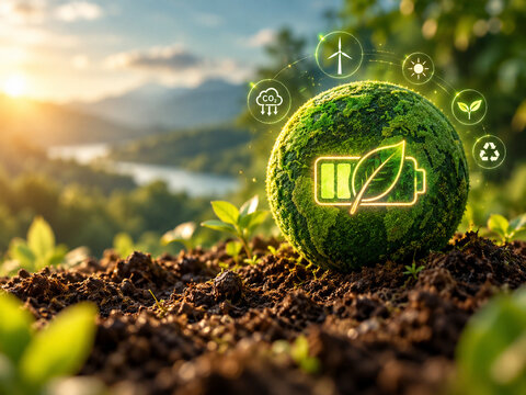 AI generated moss covered green battery sphere leaf symbol renewable energy icons representing clean power carbon reduction recycling environmental sustainability