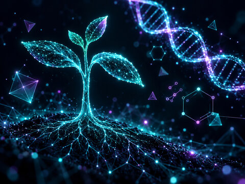 AI generated glowing digital seedling luminous roots DNA helix futuristic biotech style representing innovation growth genetics science sustainability
