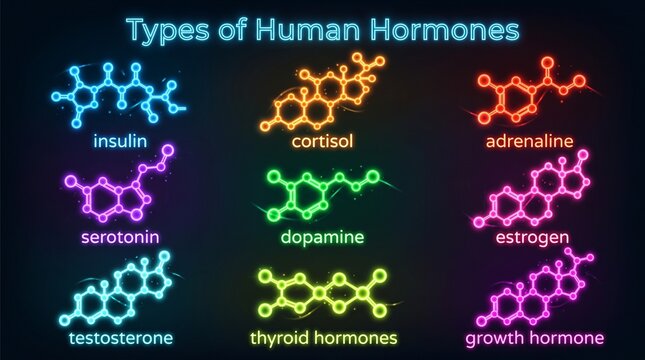 Glowing Neon Molecular Structures of Types of Human Hormones