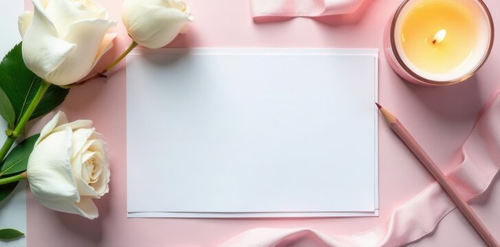 Stylish wedding invitation flatlay Blank card, white blooms, candle, pencil , blog, stylish, elegant