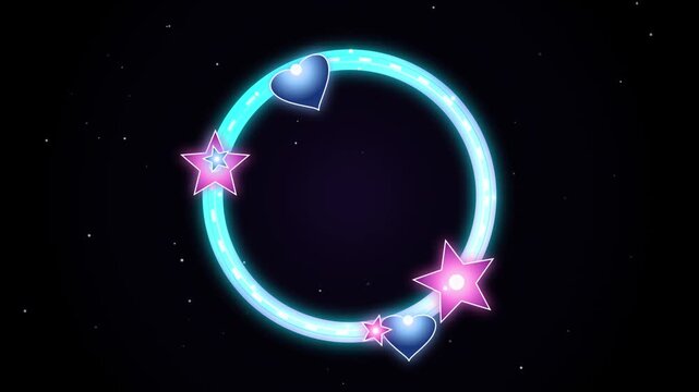 Neon glowing circle frame with rotating stars and hearts animation on dark background, overlay border