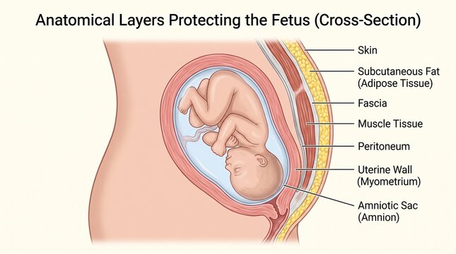 Anatomical cross section of fetus and protective uterine layers