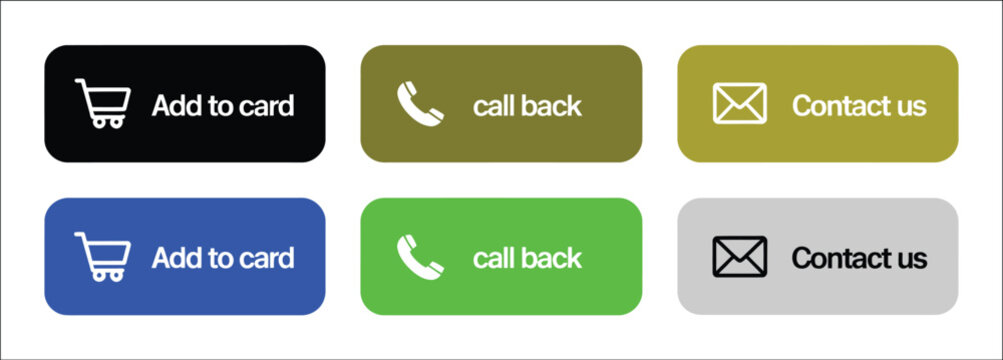 Website call to action buttons set, add to cart call back contact us rounded UI elements, e-commerce vector illustration.