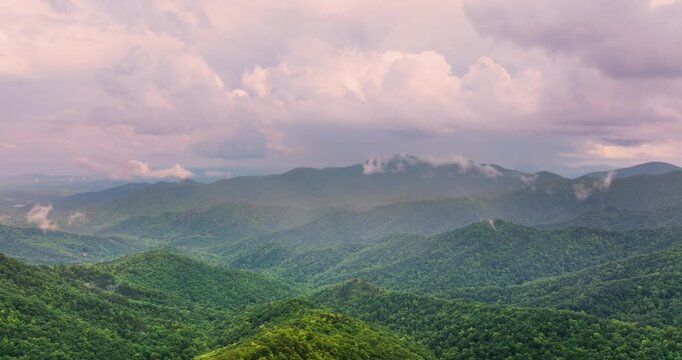 Great Smoky Mountains in summer rainy season. Mountain wooded hills in Tennessee Appalachians, USA.