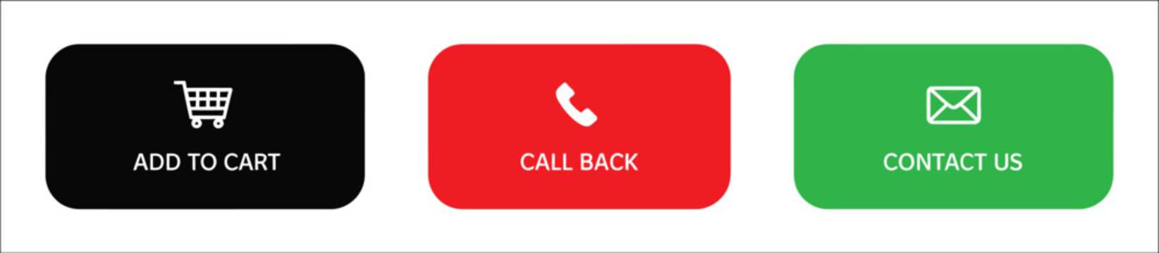 Website call to action buttons set, add to cart call back contact us rounded UI elements, e-commerce vector illustration.