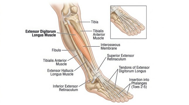 Anatomy diagram of human leg muscles and foot tendons illustration