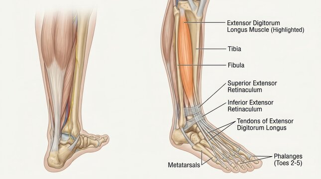 Anatomical illustration of human leg muscles and bones illustration