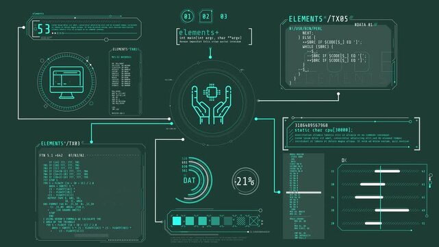 Display with animated computer codes and infographic elements