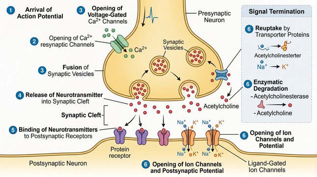 Chemical Synapse Diagram Showing Neurotransmission Process and Steps