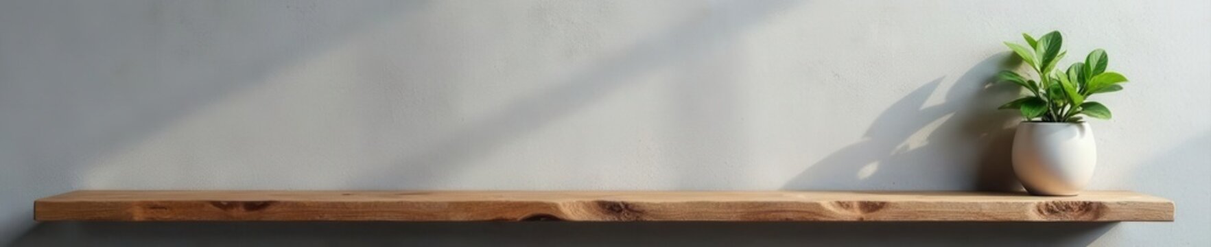 Rustic wood shelf, gray wall, small plant; empty space , wall, style