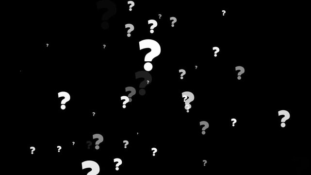 basic motion graphic of countless white question mark shape particles falling like snow rain against black backdrop