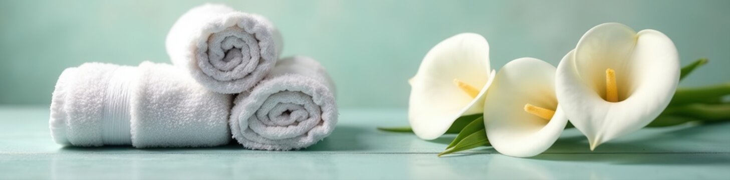 Soft towels & pristine white calla lilies arrangement , white, arrangement, calla lilies