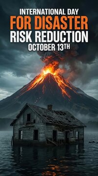 International day for disaster risk reduction poster design featuring a volcanic eruption and a house in the foreground for october 13th awareness campaign