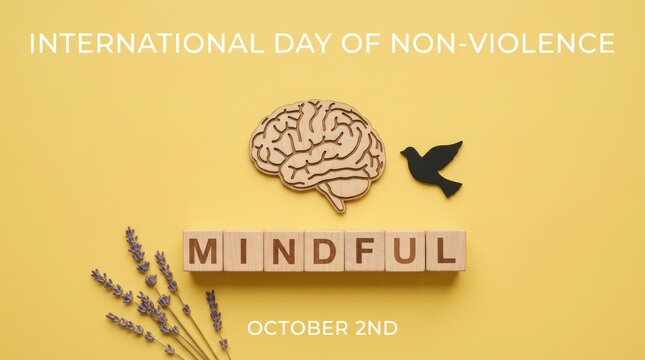 International day of non-violence conceptual poster with wooden brain icon dove and the word mindful on cubes over a soft yellow background for october second awareness