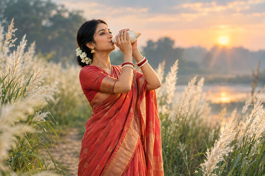Young bengali woman blowing sacred conch beside riverside at sunrise during durga puja and navratri ritual celebration in traditional red saree outdoors