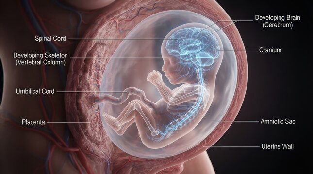 Medical illustration of a human fetus inside the womb illustration