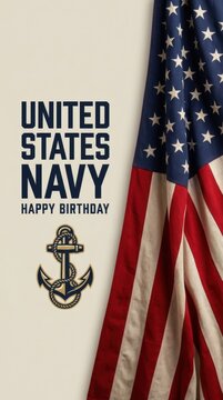 United states navy happy birthday greeting card design featuring a patriotic american flag and a traditional anchor symbol for military celebration and memorial events