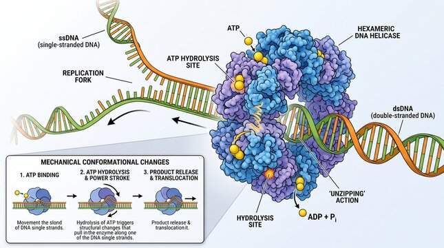 DNA replication mechanism with hexameric DNA helicase enzyme