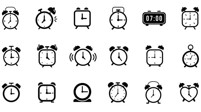 Alarm Clock Icons Set, Alarm and Time Symbols Collection, Vintage Clock and Wake Up Vector