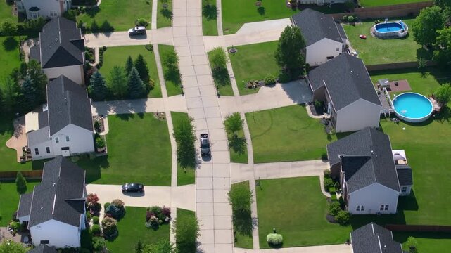 Housing market in the USA. Residential homes in suburban sprawl development. Low-density private houses in American rural suburbs.