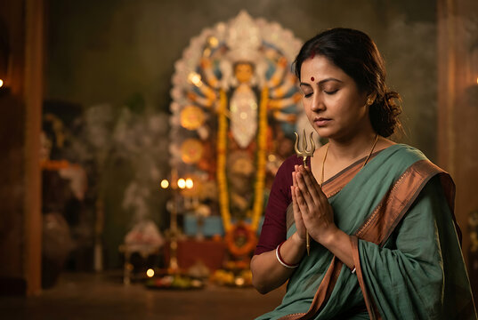 Devotional bengali woman praying with small trident before goddess durga idol during durga puja festival with temple lights and navratri spiritual celebration