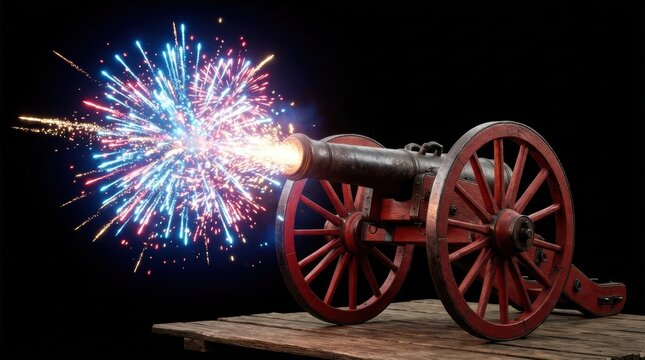 Old vintage iron cannon firing a bright colorful firework explosion in the night sky for a celebration event or national holiday festival