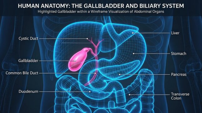 Human gallbladder and biliary system anatomy diagram illustration