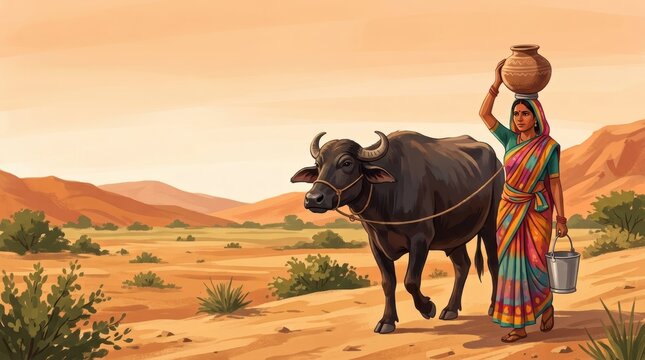 Indian village woman in traditional sari carrying a water pot on her head while walking with a black buffalo in a rural desert landscape during a warm sunset