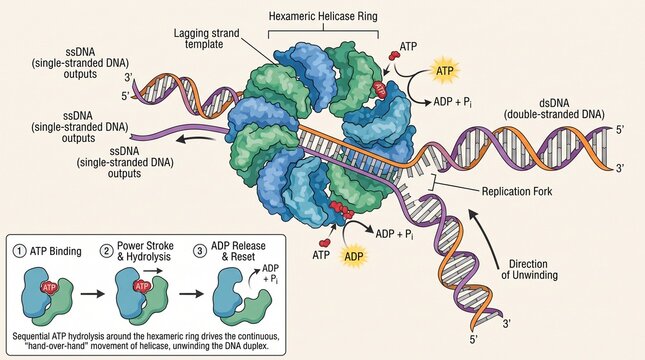 Hexameric Helicase Ring Enzyme Unwinding DNA Molecule Illustration