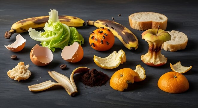 Assorted organic food waste and fruit scraps with flies on a dark table